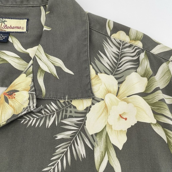 Tommy Bahama Mens Large Green Silk Floral Shirt Short Sleeve Aloha Button Up - Picture 1 of 10